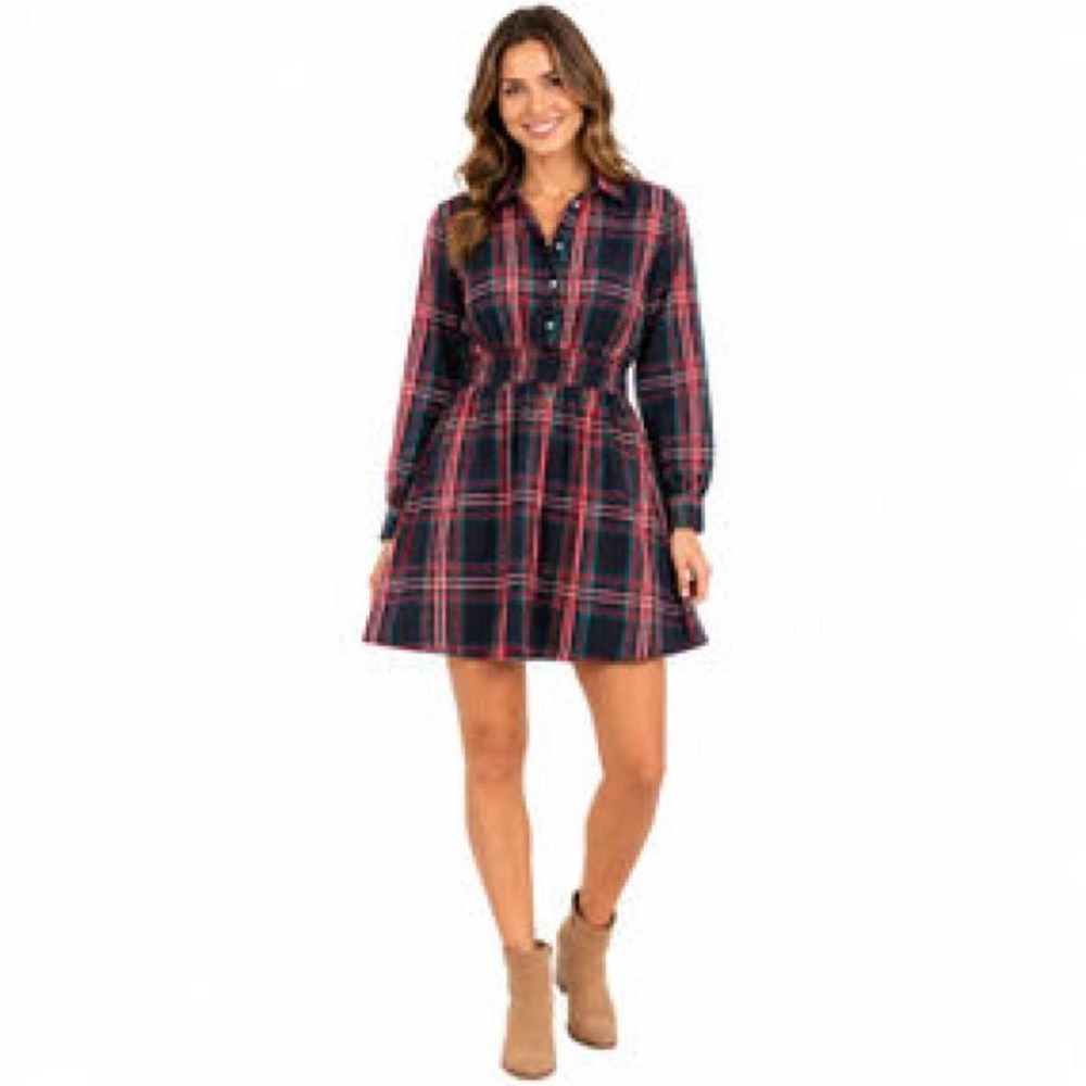 Women Dress Free Assembly Plaid Smocked Waist Mini Shirt Dress Red Green XS
